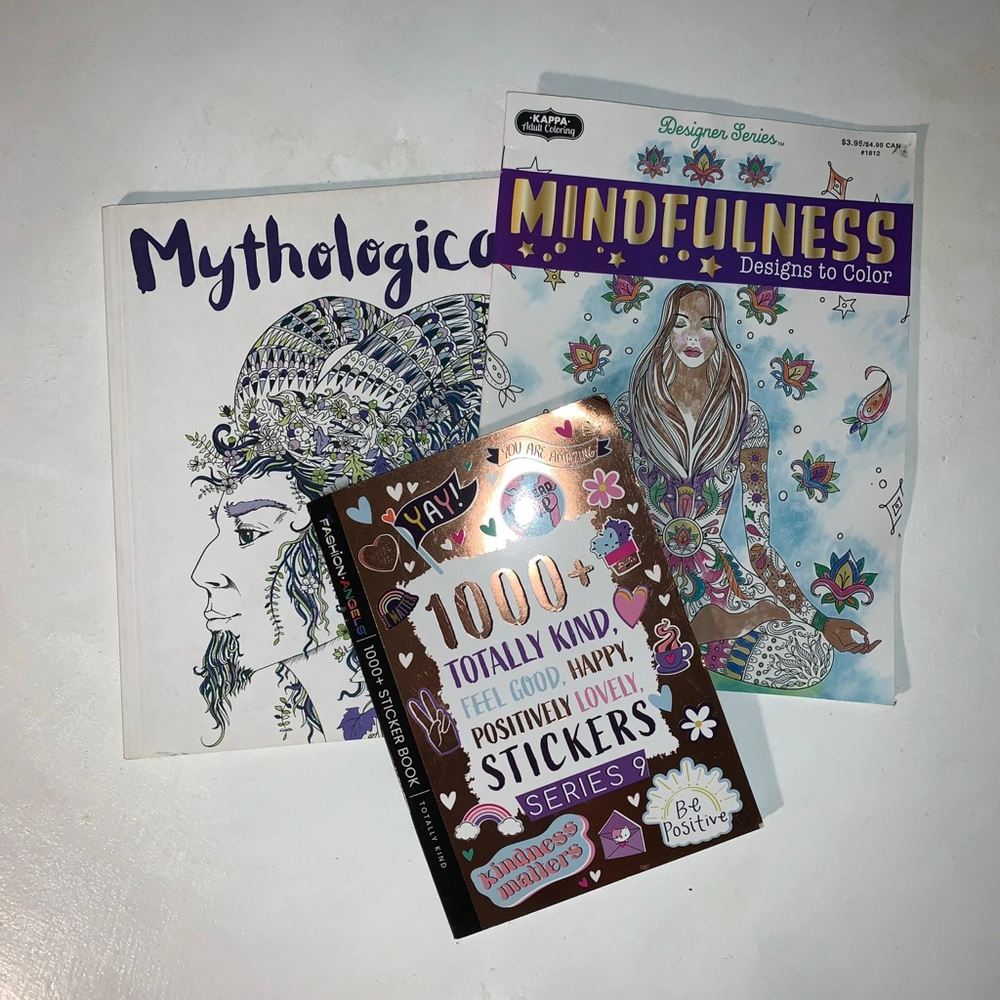 2 Adult Colouring books and a positivity sticker book